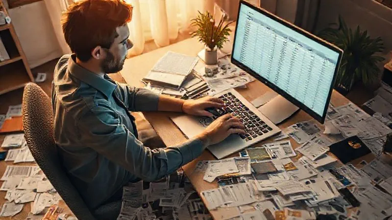 A photorealistic image of a freelancer sitting at a desk, surrounded by scattered bank statements and credit card bills, meticulously organizing them into categories on a laptop spreadsheet. The scene has a sense of focused determination, with soft, warm cinematic lighting, sharp focus on the documents and screen, and a shallow depth of field. 8K hyper-detailed, professional photography, shot on a high-end DSLR.