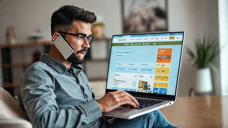 A photorealistic image of a freelancer on the phone, looking determined, with a laptop open showing comparison websites for insurance and internet providers. The background is a modern, minimalist home office. The lighting is bright and professional, sharp focus on the freelancer and screen, with a slight depth of field. 8K hyper-detailed, professional photography, shot on a high-end DSLR.