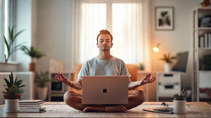 A photorealistic image of a freelancer meditating calmly in a neat home office, with a subtle, glowing aura of financial stability around them. The laptop is closed, symbolizing a break from work and mindful reflection. The cinematic lighting is soft and serene, sharp focus on the freelancer, with a blurred, peaceful background. 8K hyper-detailed, professional photography, shot on a high-end DSLR.