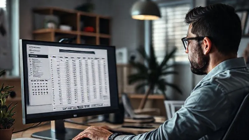 A photorealistic image of a freelancer thoughtfully reviewing a complex financial spreadsheet on a large monitor, with a calendar marked for 'Financial Review'. The setting is a modern, organized home office with cinematic overhead lighting, sharp focus on the monitor and the freelancer's contemplative expression, depth of field subtly blurring the background. 8K hyper-detailed, professional photography, shot on a high-end DSLR.