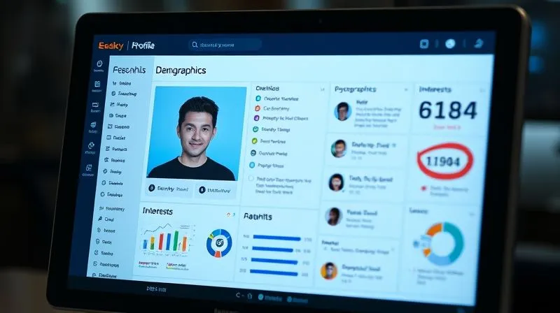A photorealistic detailed persona profile on a digital screen, showing demographics, psychographics, interests, and pain points, with a clear focus on the user interface, professional photography, 8K, cinematic lighting, sharp focus, depth of field, shot on a high-end DSLR.