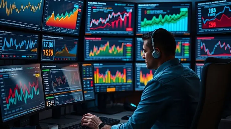 A photorealistic image of a freelancer analyzing complex data charts and graphs on multiple screens, showing trends of CPC, CTR, and conversions. The scene is bathed in the glow of the monitors, conveying deep concentration and strategic thinking, professional photography, 8K, cinematic lighting, sharp focus, depth of field, shot on a high-end DSLR.