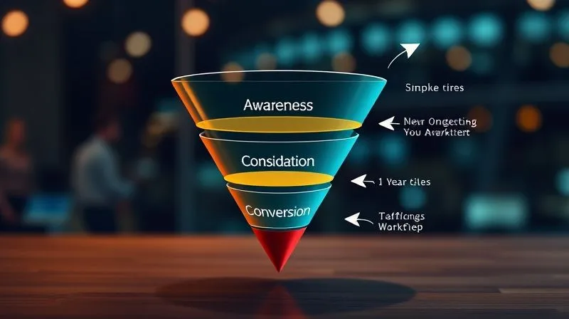 A photorealistic image showing a digital marketing funnel, with different layers representing awareness, consideration, and conversion, with arrows indicating traffic flow and remarketing loops, cinematic lighting, sharp focus, depth of field, 8K hyper-detailed, professional photography, shot on a high-end DSLR.