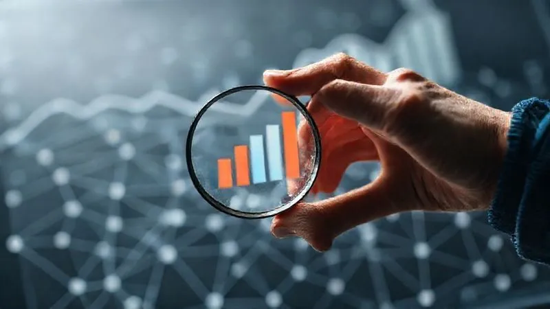 A photorealistic image of a freelancer's hand holding a magnifying glass over a complex, interconnected network of client relationships, illustrating the long-term value and recurring revenue streams. The background shows a subtle, growing bar chart. Cinematic lighting, sharp focus, depth of field, 8K hyper-detailed.