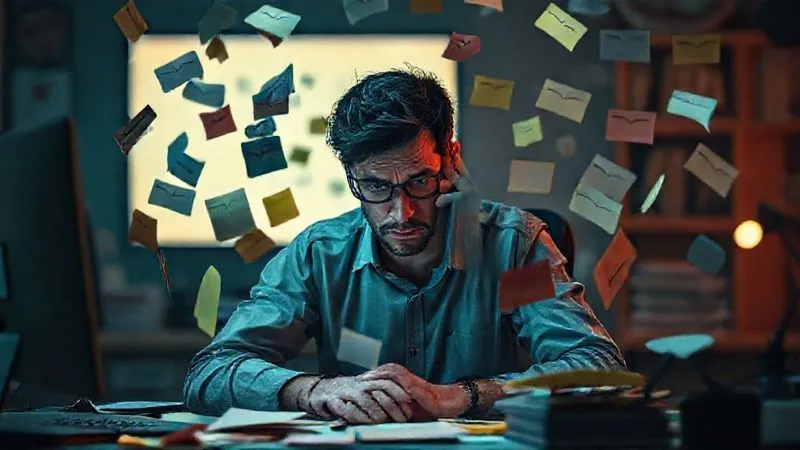 Photorealistic, professional photography, 8K, cinematic lighting, sharp focus, depth of field, shot on a high-end DSLR. A confused freelancer sits at a desk, overwhelmed by a cascade of digital sticky notes and unanswered emails floating around them, symbolizing lost opportunities and manual overload. The lighting is dim, highlighting the stress, but with a subtle glow of hope from a distant computer screen.