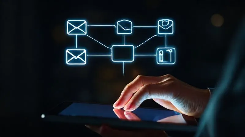 Photorealistic, professional photography, 8K, cinematic lighting, sharp focus, depth of field, shot on a high-end DSLR. A stylized digital flowchart representing a lead funnel, with various app icons (email, CRM, calendar) connected by glowing lines, symbolizing Zapier's integration. A freelancer's hand is seen gently guiding the flow on a tablet, with a look of calm control and efficiency.