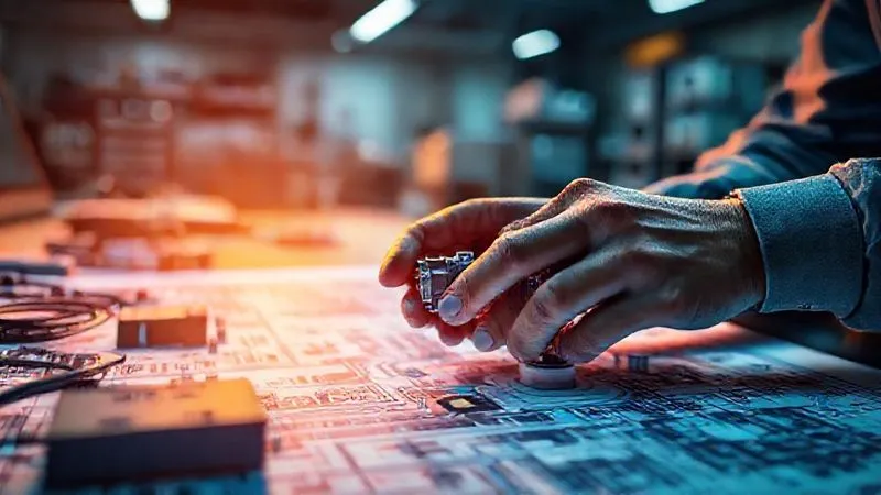 Photorealistic, professional photography, 8K, cinematic lighting, sharp focus, depth of field, shot on a high-end DSLR. A detailed, illuminated blueprint of a complex automation workflow, with small hands (symbolizing a freelancer) carefully fine-tuning connections and testing components. The background is a blurred, organized workspace, conveying precision and strategic thinking.