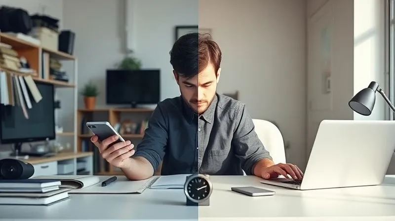 A photorealistic image showing a split screen. On one side, a cluttered home office with a person looking distracted by a smartphone and a TV. On the other side, a serene, minimalist home office with a person deeply focused on a laptop, a small, elegant timer on the desk. Cinematic lighting, 8K hyper-detailed, professional photography.