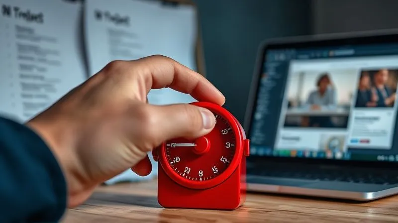 A photorealistic close-up of a hand setting a sleek, modern, red Pomodoro timer. In the background, slightly blurred, are task lists and a laptop screen showing a project. Cinematic lighting, sharp focus on the timer, depth of field. 8K hyper-detailed, professional photography.