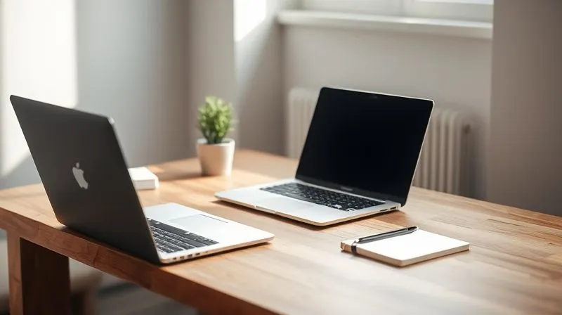 A photorealistic, minimalist workspace bathed in soft, natural light. A laptop, a small plant, and a notebook are neatly arranged on a wooden desk. No clutter, a serene atmosphere. Cinematic lighting, sharp focus on the desk, depth of field. 8K hyper-detailed, professional photography.