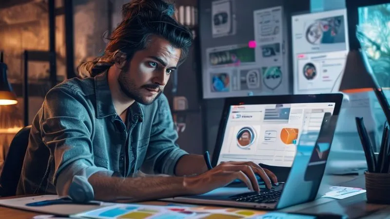 A photorealistic image of a freelancer diligently researching on a laptop, surrounded by scattered notes and a mind map. The screen shows a client's website and social media profiles, with a magnifying glass icon overlay. The freelancer has a thoughtful, focused expression, illuminated by cinematic lighting. Sharp focus on the freelancer's face and laptop, depth of field blurring the background of a modern home office. 8K hyper-detailed, professional photography, shot on a high-end DSLR.