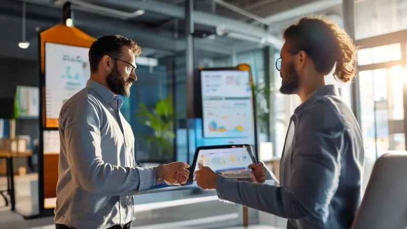 A photorealistic image of a freelancer presenting a value proposition on a digital tablet to a client, with a clear infographic showing ROI projections. The scene is set in a modern, sunlit meeting room, emphasizing professionalism and clarity. Both individuals are engaged, with a handshake suggested in the background. Cinematic lighting, sharp focus on the tablet and faces, depth of field blurring the room. 8K hyper-detailed, professional photography, shot on a high-end DSLR.