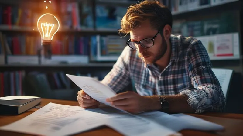 A photorealistic image of a freelancer thoughtfully reviewing a rejected proposal document, with a feedback form open on a tablet next to it. The freelancer's expression is one of introspection and learning, not despair. A subtle light bulb icon glows above their head, symbolizing insight. Cinematic lighting, sharp focus on the documents and tablet, depth of field blurring a background of books and a whiteboard with improvement ideas. 8K hyper-detailed, professional photography, shot on a high-end DSLR.