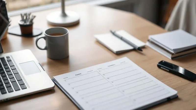 A photorealistic image of a freelancer's desk, impeccably organized with a modern laptop, a planner open to a time-blocked schedule, and a minimalistic coffee mug. Cinematic lighting highlights the efficiency and order, with a sharp focus on the planner and a depth of field blurring the background. 8K hyper-detailed.