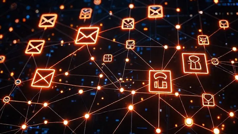 A photorealistic image of a complex network of glowing digital lines connecting various icons representing different software applications (CRM, email, social media, project management) on a dark, futuristic interface. Cinematic lighting emphasizes the interconnectedness and automation, with data flowing seamlessly. 8K hyper-detailed.