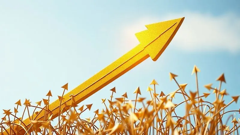 A photorealistic image of a single, gleaming golden arrow soaring upwards, leaving behind a tangled web of less valuable, broken arrows on the ground. The background is a crisp, clear blue sky with soft, cinematic light. Sharp focus on the golden arrow, symbolizing strategic focus on high-value clients and growth. 8K hyper-detailed.