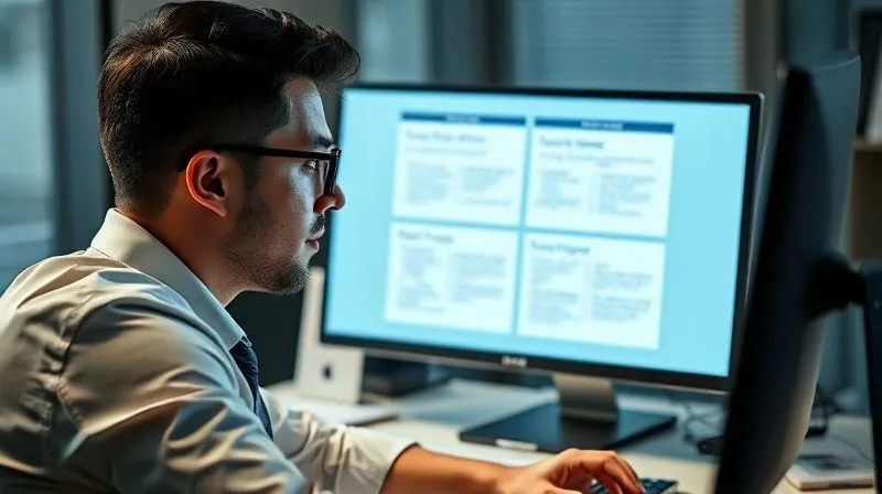 A photorealistic image of a professional freelancer sitting at a desk, looking at a digital screen displaying a clear, modern Eisenhower Matrix with tasks neatly categorized into four quadrants. The freelancer has a thoughtful, strategic expression. Cinematic lighting, sharp focus on the matrix and the freelancer's face, depth of field blurring the background. 8K hyper-detailed, professional photography, shot on a high-end DSLR.