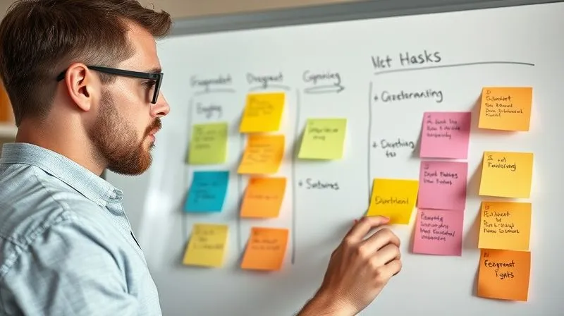 A photorealistic image of a freelancer, male or female, with a thoughtful expression, using sticky notes of different colors (each color representing an Eisenhower quadrant) to organize tasks on a whiteboard. The notes are clearly visible, with some being moved around, symbolizing prioritization. The background is a clean, modern home office. Cinematic lighting, sharp focus on the whiteboard and the freelancer's hands, depth of field. 8K hyper-detailed, professional photography, shot on a high-end DSLR.
