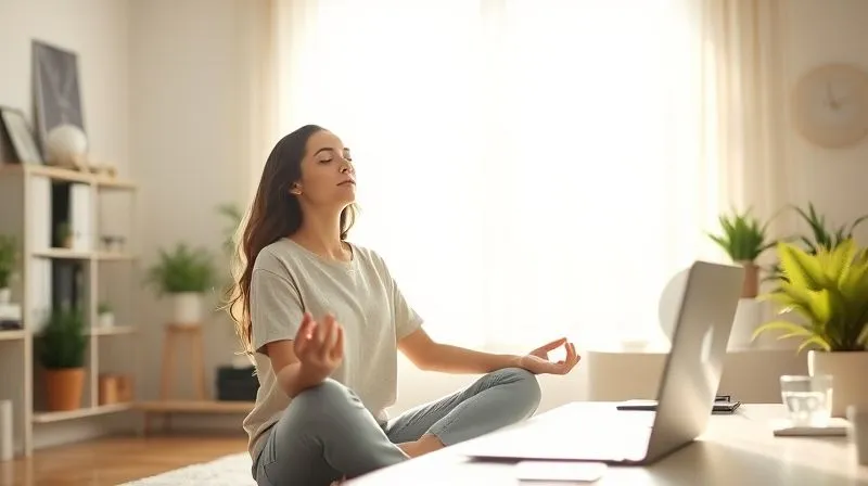 A photorealistic image of a peaceful freelancer, possibly female, meditating or doing light stretches in a sunlit home office, away from her desk. The atmosphere is calm and serene, with soft, natural light. Sharp focus on the freelancer, depth of field blurring the background elements like a laptop or paperwork. 8K hyper-detailed, professional photography, shot on a high-end DSLR.