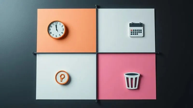 A photorealistic, professional image of the Eisenhower Matrix diagram with four distinct quadrants. Each quadrant contains minimalist icons representing typical freelancer tasks (e.g., a clock for urgent, a lightbulb for important, a calendar for schedule, a trash can for eliminate). The overall aesthetic is clean, modern, and easy to understand, with cinematic lighting and sharp focus on the matrix. 8K, shot on a high-end DSLR.