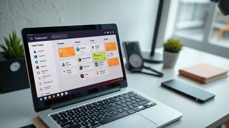 A photorealistic, professional overhead shot of a clean, modern desk with a laptop displaying a Kanban board software (like Trello or Asana), showing tasks neatly categorized into 'To Do', 'In Progress', and 'Done' columns. Several sticky notes or digital cards with clear task names are visible. Cinematic lighting, 8K, sharp focus on the screen, depth of field blurring the keyboard. Shot on a high-end DSLR.