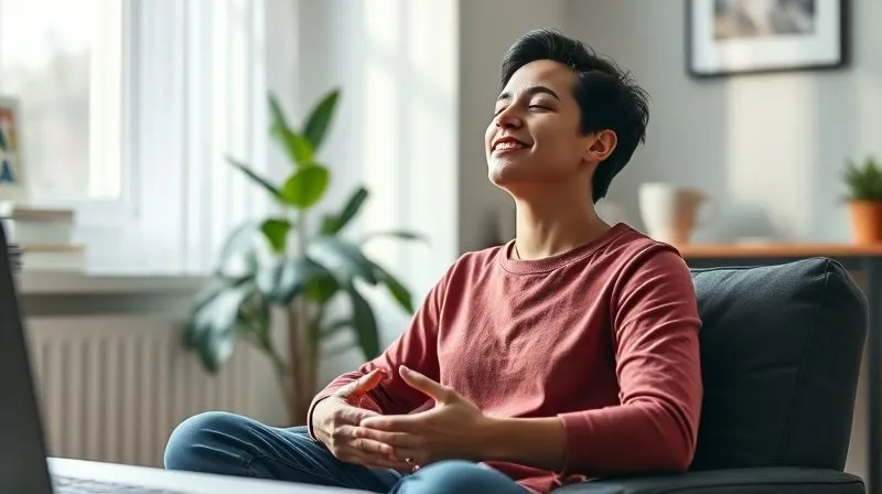 A photorealistic, professional image of a freelancer taking a mindful break. They are sitting comfortably in a modern, well-lit home office, eyes closed, perhaps with hands gently resting on their lap, conveying a sense of calm and mental clarity. A subtle plant in the background, soft natural light streaming in. Cinematic lighting, 8K, sharp focus on the individual, depth of field blurring the office elements, shot on a high-end DSLR.