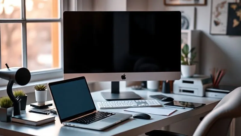 A photorealistic image of a cozy yet professional home office setup, with a clear distinction between work and personal space. A laptop, monitor, and organized desk are in sharp focus, with soft, warm cinematic lighting. A window shows a blurred natural background. Professional photography, 8K hyper-detailed, depth of field, shot on a high-end DSLR.