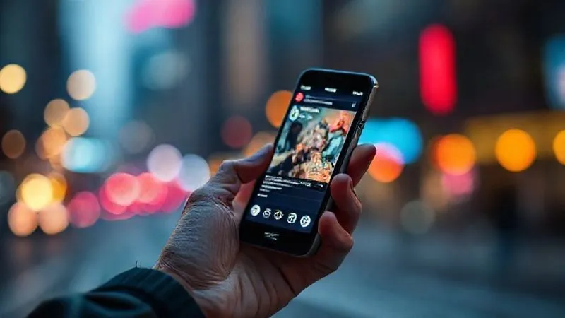 A photorealistic image of a freelancer's hand holding a smartphone, scrolling through a vibrant social media feed displaying an ad campaign. The background shows blurred city lights, symbolizing reach and connection. Cinematic lighting, sharp focus on the phone screen, depth of field, 8K hyper-detailed, professional photography, shot on a high-end DSLR.