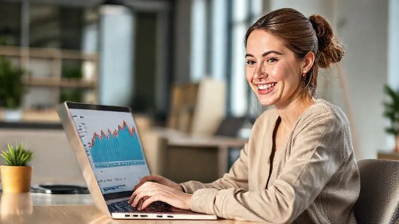 A photorealistic image of a female freelancer (Ana) smiling confidently while reviewing a financial report on her laptop. A chart on the screen shows a downward trend in tax payments. The setting is a modern, bright office space with natural light. Professional photography, 8K hyper-detailed, cinematic lighting, sharp focus, depth of field, shot on a high-end DSLR.