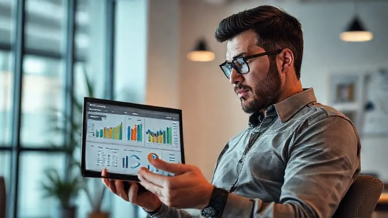 A photorealistic image of a freelancer looking thoughtfully at a financial dashboard on a tablet, with various charts and graphs indicating financial health. The background is a modern, minimalist office. Cinematic lighting, sharp focus on the tablet and the freelancer's contemplative expression, depth of field, 8K hyper-detailed, professional photography, shot on a high-end DSLR.