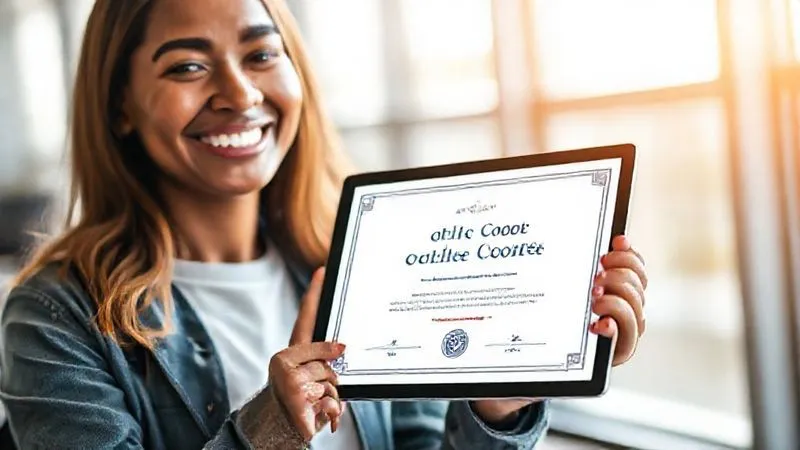 A photorealistic image of a person smiling confidently while holding a digital tablet displaying a successful online course completion certificate, bright and inspiring, cinematic lighting, sharp focus, depth of field, 8K, high-end DSLR, showing a feeling of accomplishment and joy.