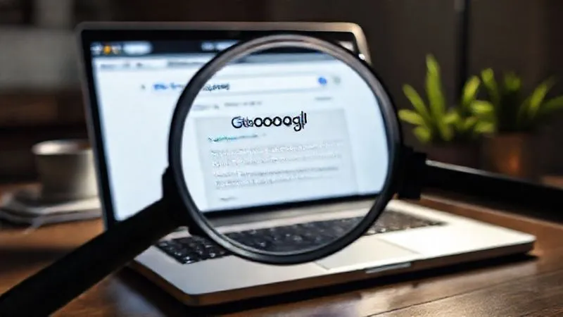 A photorealistic image of a magnifying glass hovering over a laptop screen displaying a Google search results page, with a blog post title and meta description highlighted, showing keywords and a compelling call to action. Professional, cinematic lighting, sharp focus, depth of field, 8K, high-end DSLR.