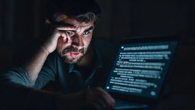 A photorealistic image of a person looking frustrated at a laptop screen displaying generic, uninspired text, with blurred lines of text representing ineffective copy. The lighting is dim and cinematic, highlighting the person's expression of confusion and disappointment. Sharp focus on the person, depth of field, 8K, high-end DSLR.