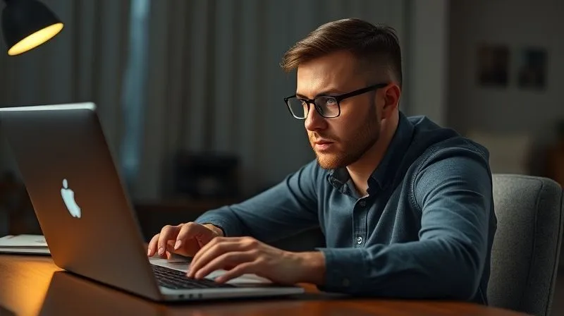 A photorealistic image of a professional freelancer sitting calmly, looking at a laptop screen with a serious but composed expression, hands poised over the keyboard, cinematic lighting, sharp focus on the freelancer, depth of field, 8K, professional photography. The scene conveys thoughtful consideration before action.