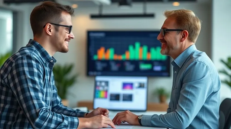 A photorealistic image of a freelancer and a client having a positive, collaborative discussion in a modern office setting, with a clear project timeline visible on a monitor in the background, cinematic lighting, sharp focus on their interaction, depth of field, 8K, professional photography. The image conveys clear communication and proactive project management.