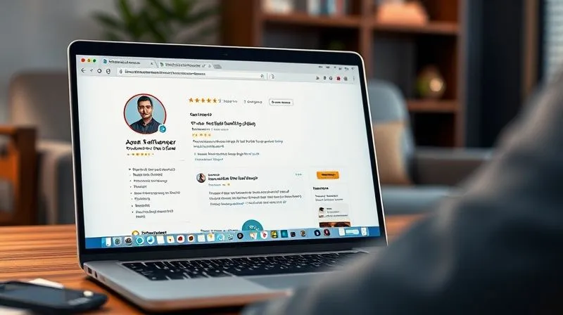 A photorealistic image of a freelancer's professional profile page on a laptop screen, displaying numerous 5-star reviews and positive testimonials, with a subtle glow of success and trust, cinematic lighting, sharp focus on the screen, depth of field blurring a comfortable workspace, 8K, professional photography. The image conveys a strong, positive online reputation.