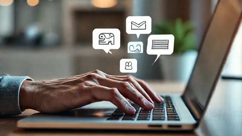 A photorealistic close-up of a freelancer's hand typing on a laptop, with various digital thought bubbles emerging from the screen, each containing a different personalized message icon (e.g., "discount offer," "case study," "free consultation"). Cinematic lighting, sharp focus on the hand and screen, depth of field blurring the background of a modern, minimalist workspace. 8K hyper-detailed, professional photography, shot on a high-end DSLR, conveying strategic communication.