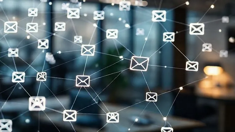 A photorealistic intricate network of glowing digital lines connecting various email icons and client profiles, symbolizing automated email marketing sequences. Cinematic lighting, sharp focus on the network, depth of field blurring a background of a modern office. 8K hyper-detailed, professional photography, shot on a high-end DSLR, conveying efficiency and connection.