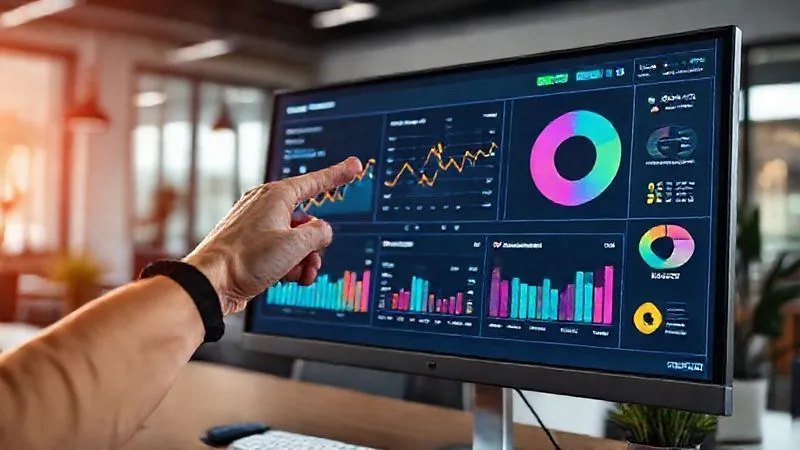 A photorealistic dashboard on a sleek monitor, displaying various marketing metrics like CTR, Conversion Rate, and CPA, visualized with dynamic line graphs and pie charts. A freelancer's hand is pointing at a rising conversion rate. Cinematic lighting, sharp focus on the data, depth of field blurring the background of a modern office. 8K hyper-detailed, professional photography, shot on a high-end DSLR, conveying data-driven success.