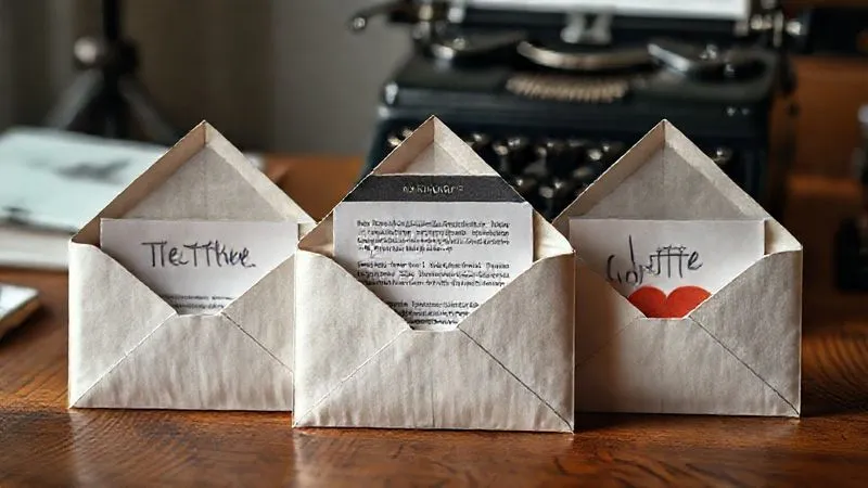 A photorealistic, professional photography, 8K, cinematic lighting, sharp focus, depth of field, shot on a high-end DSLR, of a series of three open envelopes, each with a different design, representing a sequential email campaign. The first is tentative, the second informative, and the third inviting, arranged on a wooden desk with a vintage typewriter in the background, conveying a sense of thoughtful communication.