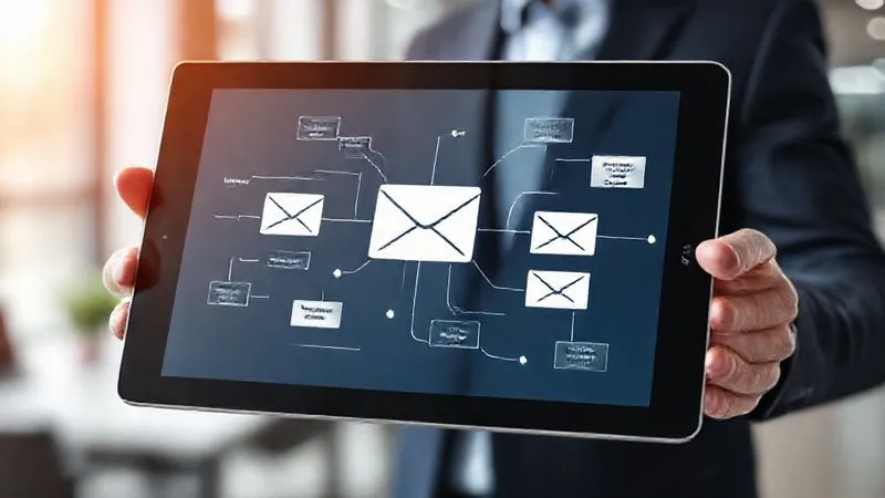 A photorealistic image of a complex email marketing automation workflow diagram displayed on a tablet, with lines connecting different stages like 'send email', 'wait', 'if opened', 'segment', etc. The tablet is held by a professional-looking hand, with a blurred background of a modern office, cinematic lighting, sharp focus, 8K hyper-detailed.