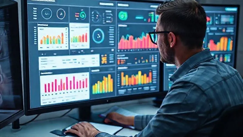 A photorealistic image of a freelancer analyzing a complex dashboard on a large monitor, displaying various email marketing metrics like open rates, click-through rates, and conversion rates in colorful graphs and charts. The person is focused, with a notepad and pen nearby, cinematic lighting, sharp focus, 8K hyper-detailed, professional photography.