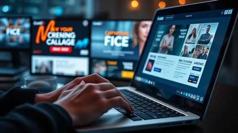 A photorealistic, professional photography image of a person's hands typing on a laptop, with multiple screens showing different ad creatives and compelling headlines, cinematic lighting, sharp focus on the screens, depth of field, 8K hyper-detailed, shot on a high-end DSLR.