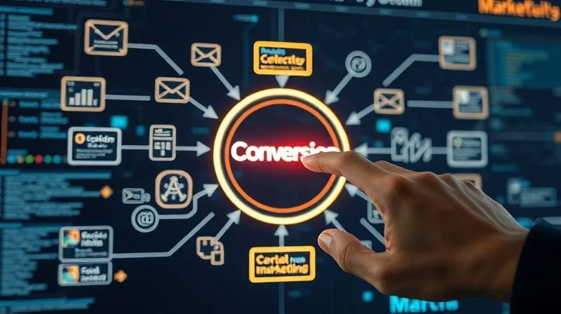 A photorealistic, professional photography image of a complex digital workflow diagram with arrows connecting different marketing channels like email, social media, and ads, all flowing towards a central 'conversion' point. The diagram is glowing on a futuristic interface, with a freelancer's hand interacting with it, cinematic lighting, sharp focus on the diagram, depth of field, 8K hyper-detailed, shot on a high-end DSLR.