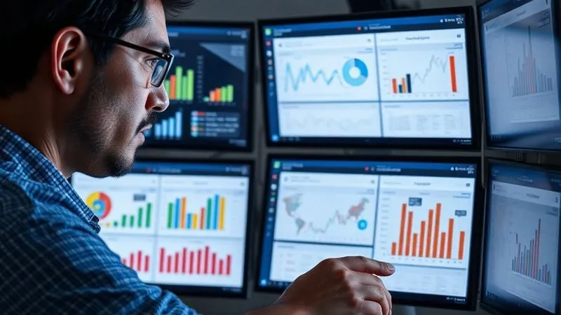 A photorealistic image of a person deeply focused on market research data, with multiple screens showing competitor analysis and customer demographic charts. Cinematic lighting, sharp focus, 8K hyper-detailed.
