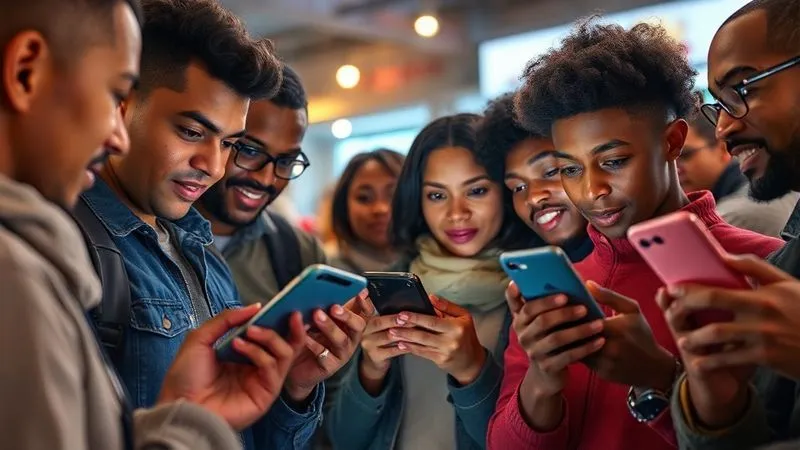 A photorealistic image of a diverse group of people watching an engaging video ad on their mobile phones, with expressions of interest and understanding. The scene is vibrant, with cinematic lighting, sharp focus on the people and their screens, 8K hyper-detailed.