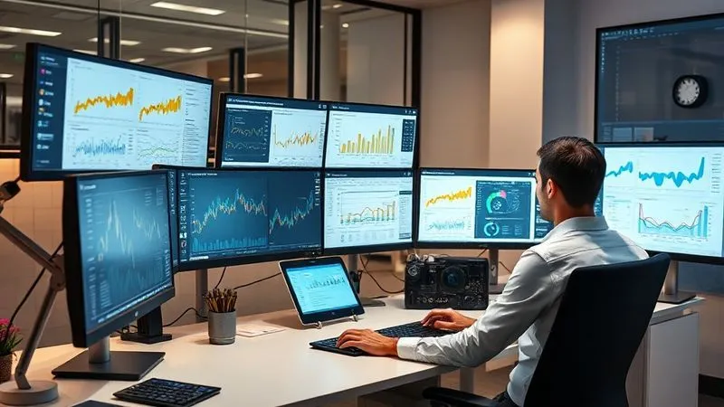 A photorealistic image of a data analyst's desk with multiple monitors displaying complex dashboards, charts, and analytics tools, all in a clean and organized manner. The focus is on the actionable insights derived from the data. Cinematic lighting, sharp focus, 8K hyper-detailed.