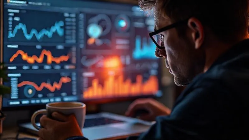 A photorealistic, professional photography shot on a high-end DSLR of a person looking intently at a dashboard with various graphs and charts, representing customer behavior analytics. Cinematic lighting, sharp focus on the data visualization, depth of field blurring a laptop and coffee cup in the foreground. 8K hyper-detailed.
