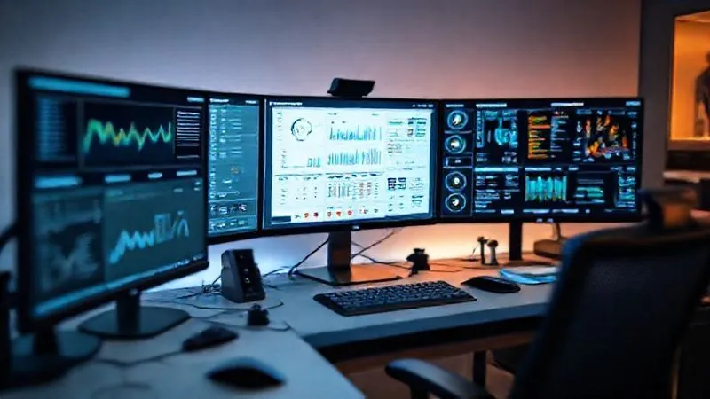 A photorealistic, professional photography shot on a high-end DSLR of a clean, modern desk setup with multiple screens displaying various analytical dashboards and automation workflows. Cinematic lighting, sharp focus on the central screen with a detailed automation sequence, depth of field blurring the background. 8K hyper-detailed.