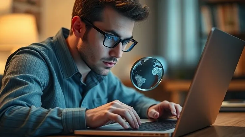 A photorealistic image of a freelancer, looking stressed but focused, meticulously documenting digital evidence on a laptop, with a magnifying glass over the screen, cinematic lighting, 8K, sharp focus, depth of field.